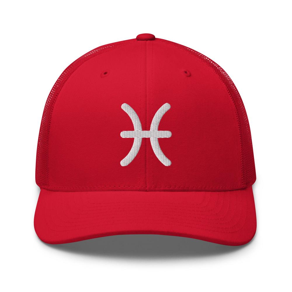 Pisces Zodiac Embroidered Curved Bill Trucker Hat - Red Color - https://ascensionemporium.net